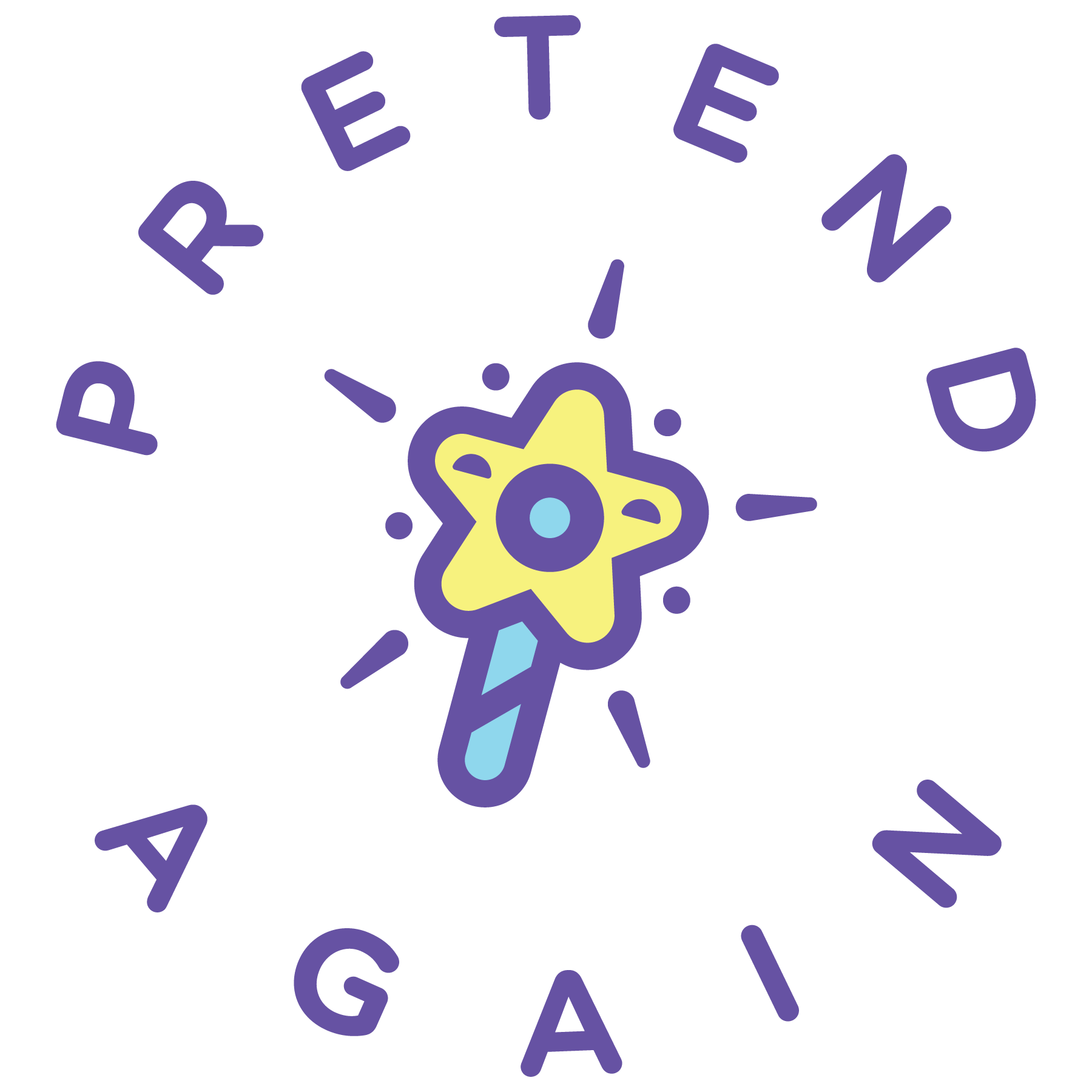 Logo with a star-shaped wand and text 'PRETEND AGAIN' in a circular arrangement on a white background.